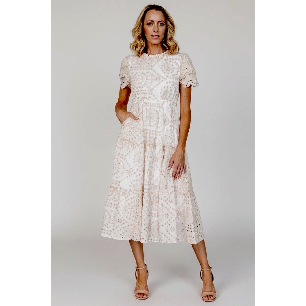 Baltic Born Mirabel Eyelet Midi Dress Size M Pockets Embroidered Tiered Cotton